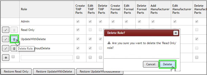 Role Administration:  Delete Button