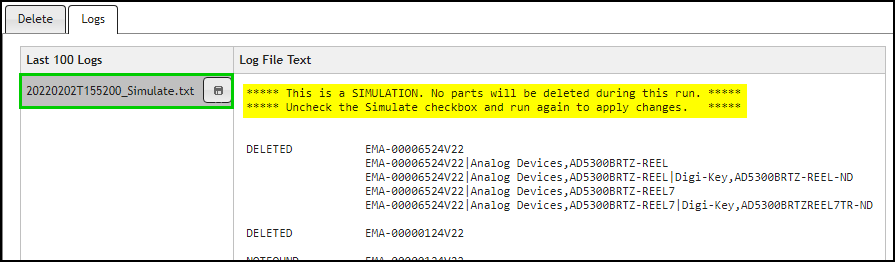 Log File Selected, Displaying Simulation Message at the Top of Log