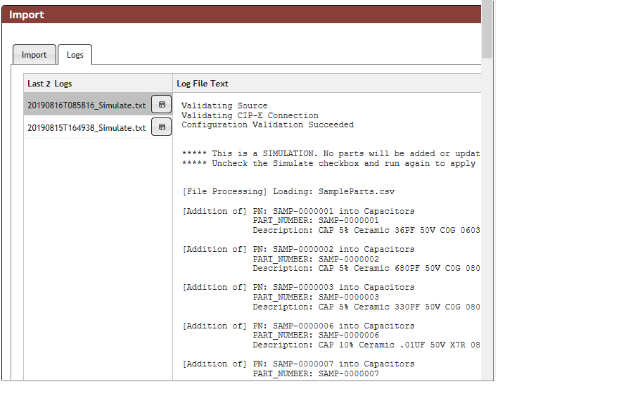 Import log identifies parts added