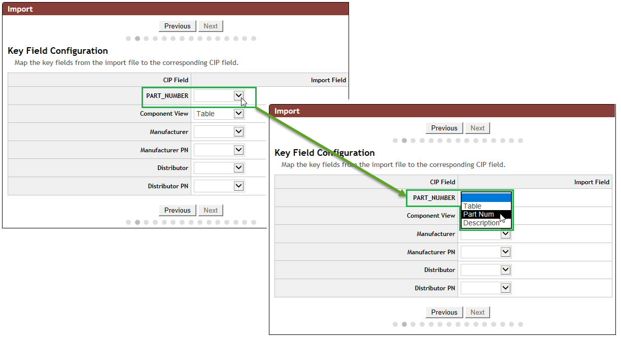         Sample Key Field Configuration Screen  Mapping the CIP PART_NUMBER field to the Part Num field 