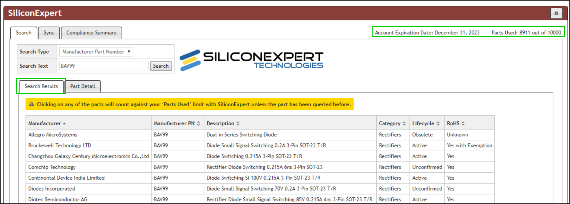 Silicon Expert Parts Used Count