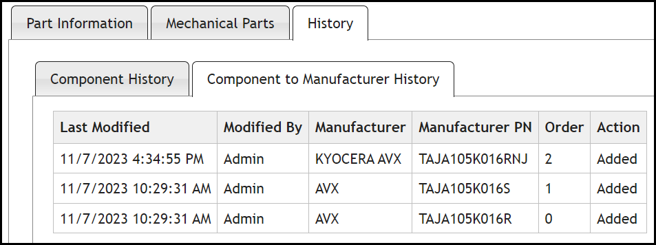 Component to Manufacturer History