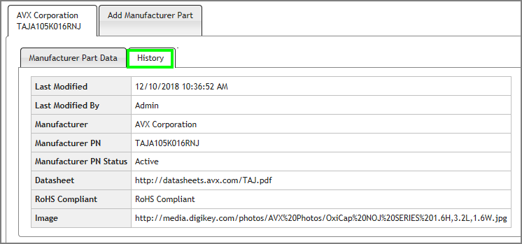 Manufacturer Part History