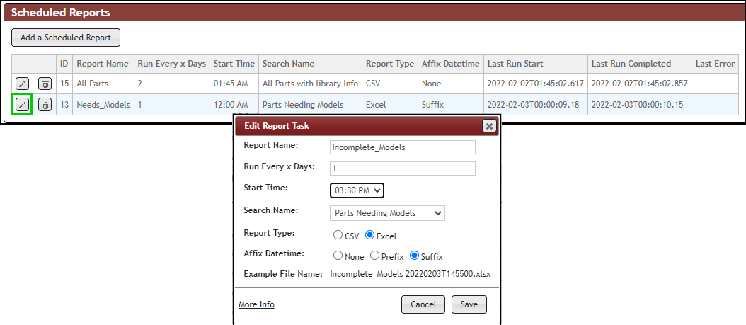 Edit Report Task form