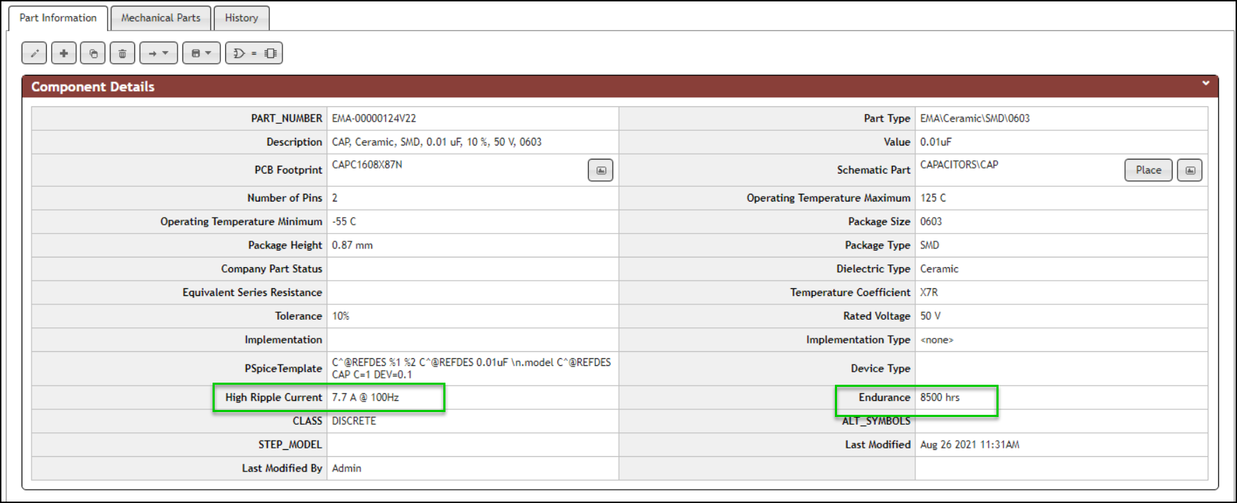 Custom Fields Shown in a Capacitor Part Data