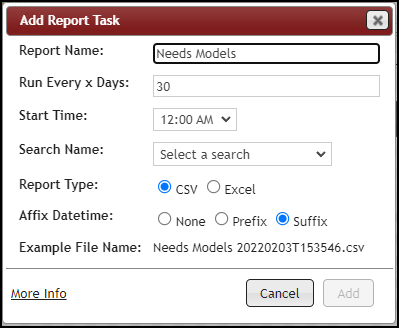 Add Report Task form