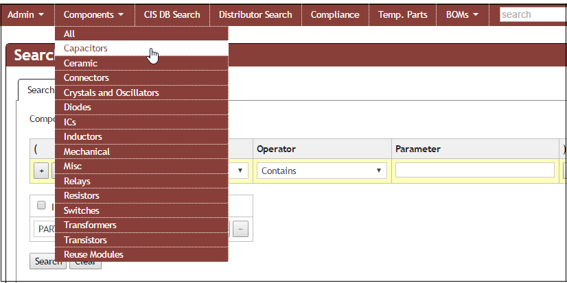 Hover over Components to see the List of Part Tables, including All Tables