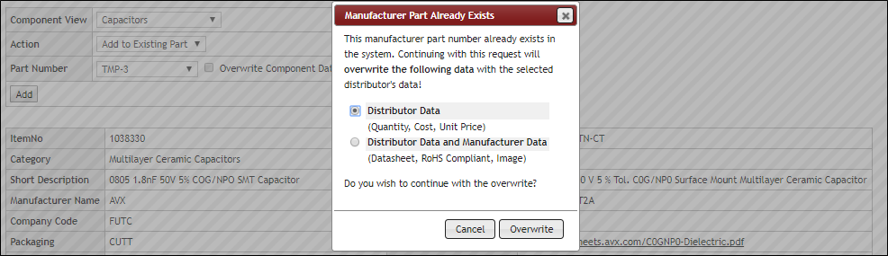 Update/Overwrite Prompt - Distributor Data