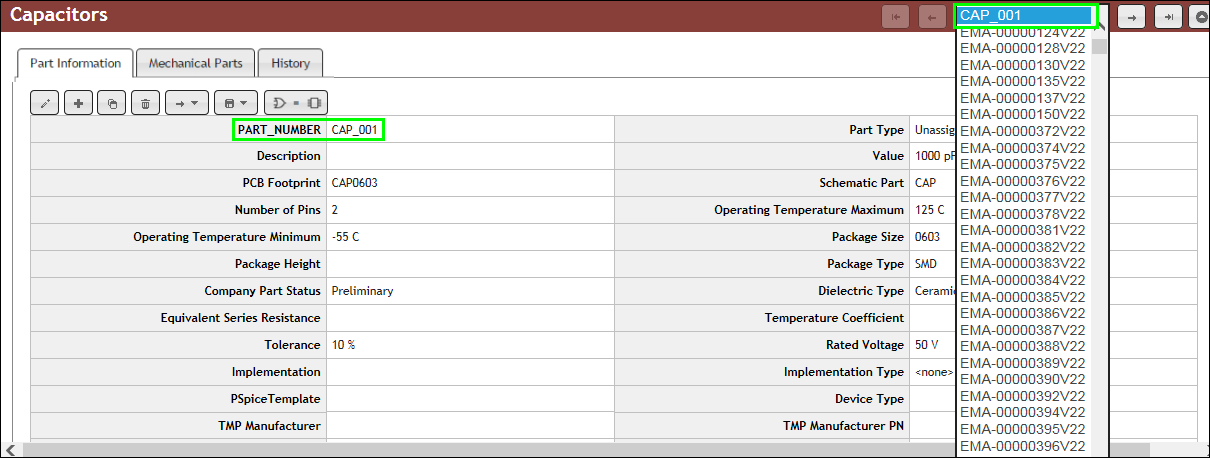 Drop Down List of Part Numbers