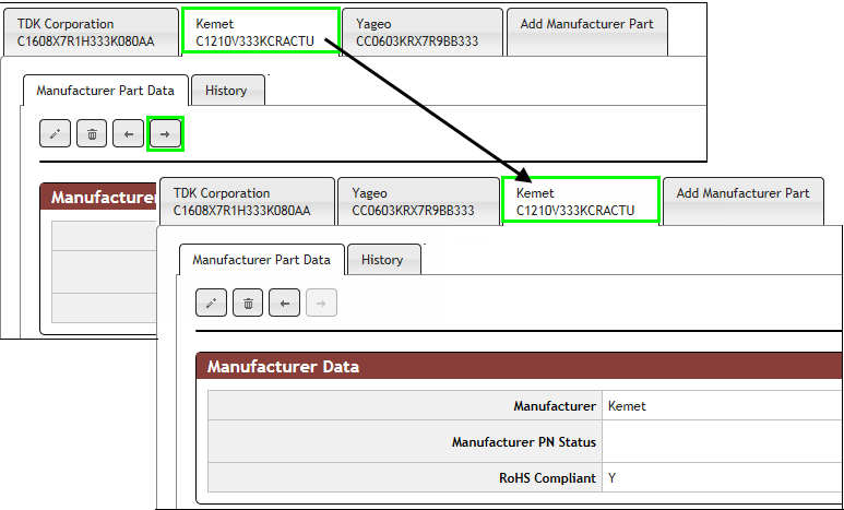 Click Move Right (or Left) Button to Change Manufacturer Part Tab Order