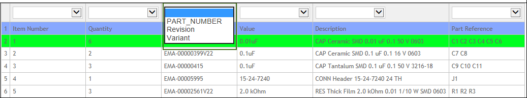 Mapping the BOM PART_NUMBER Column