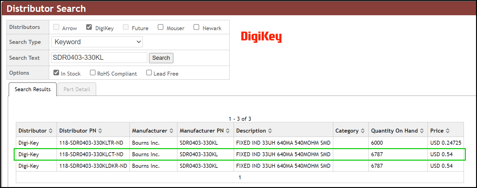 Double-click the desired row to select and open Part Data from search results