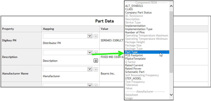 Example of Mapping Distributor Property "Description" to "Part Type"