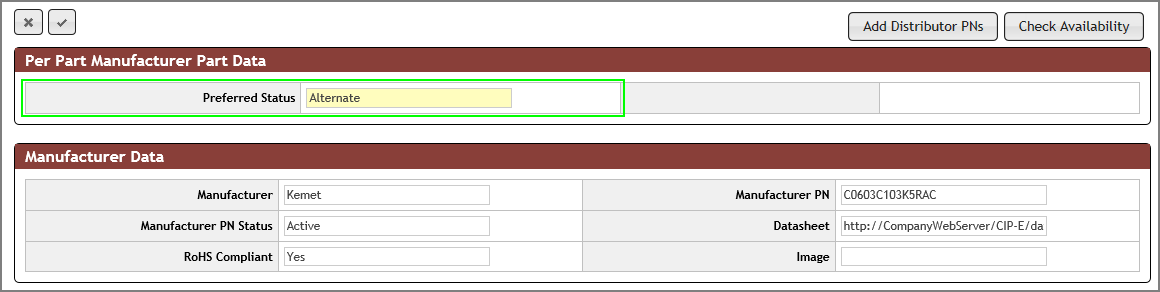 Modify the Per Part Manufacturer Part Data