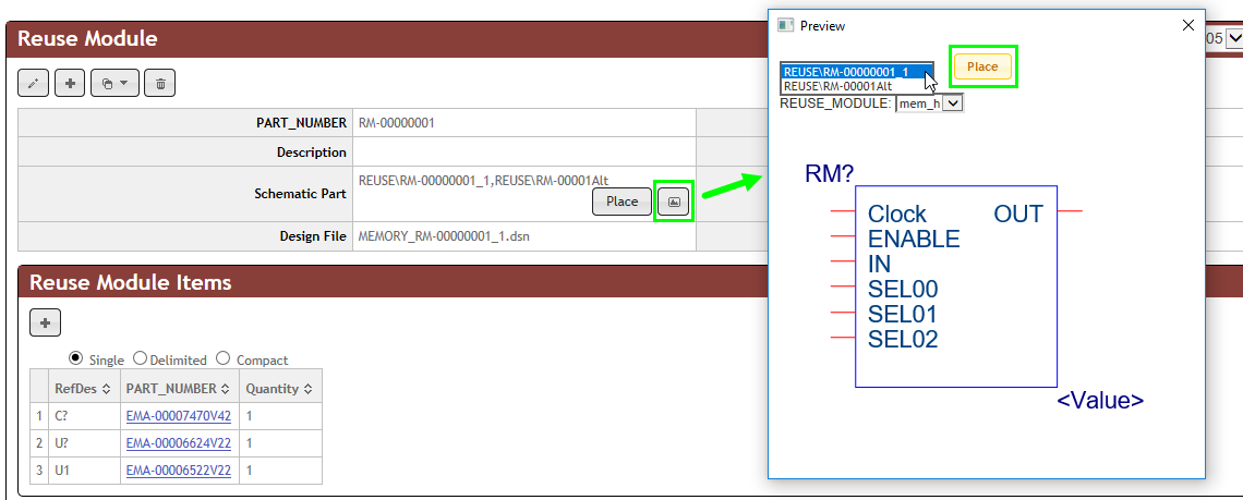 Preview and Select an Alternate Reuse Module for Placement