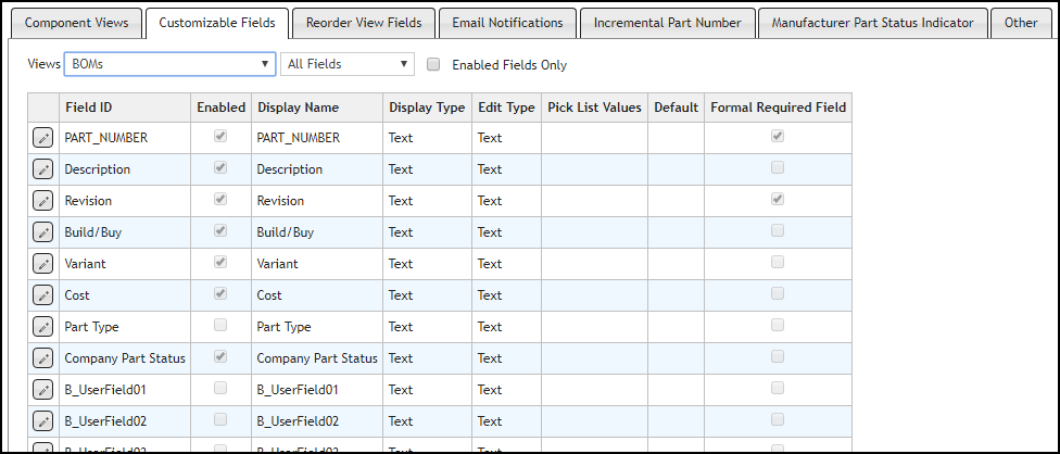 Customize Fields for BOMs