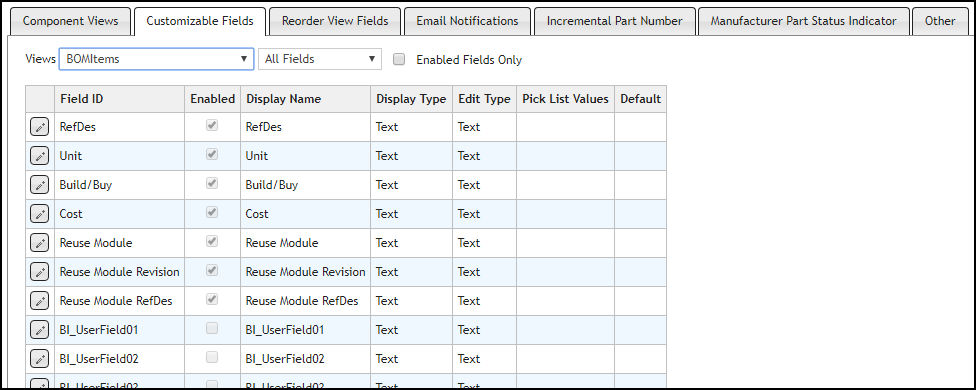 Customize Fields for BOM Items