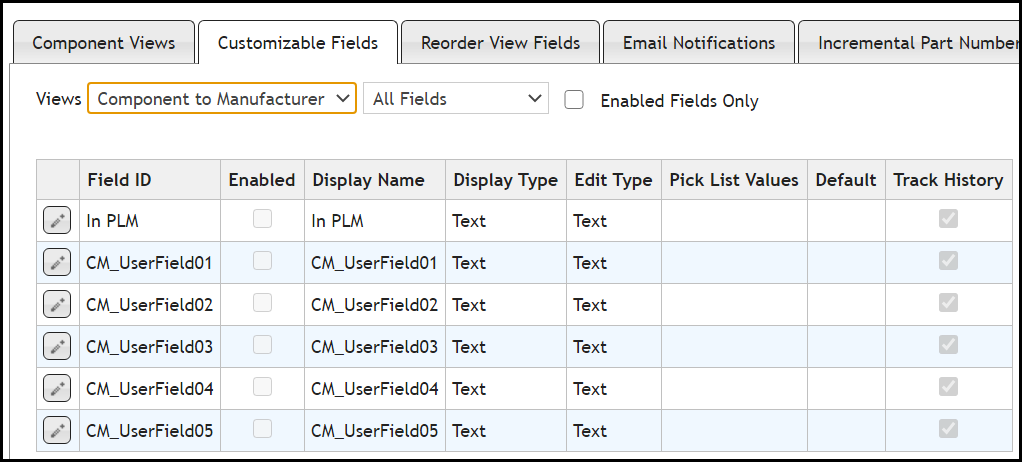 Customize Fields for Component Manufacturer Parts