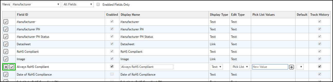 Customize Fields for Manufacturer Parts - Editing a Field