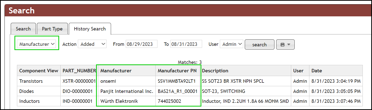  Search by History and Date Range For Manufacturer