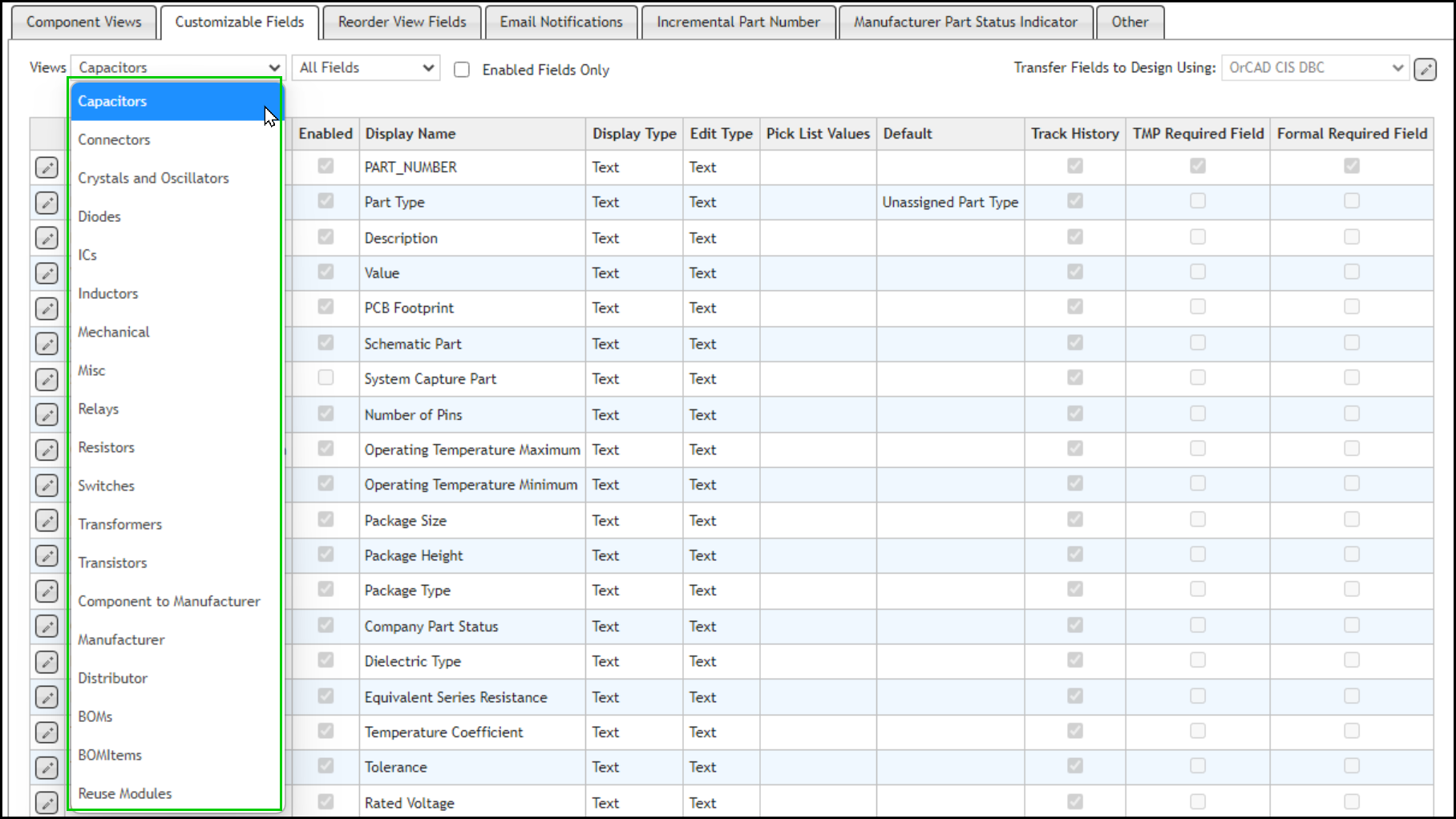 Select Table For Customizable Fields 