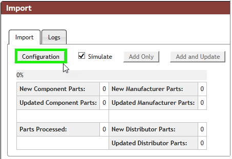 Configuration button of Import window