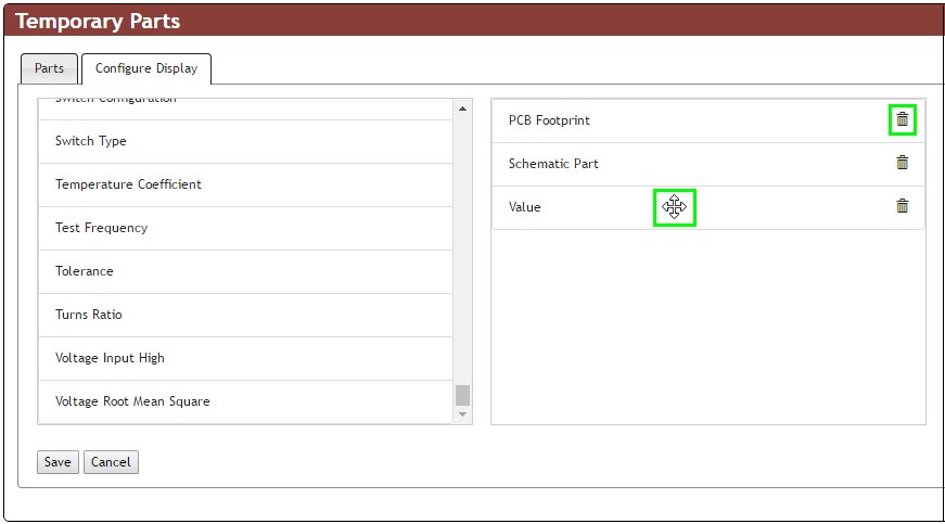 Temp. Parts - Configure Display - Add PCB Footprint, Schematic Part, Value, and Tolerance