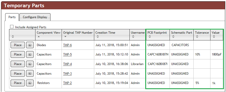 Temp Parts List – Additional Fields