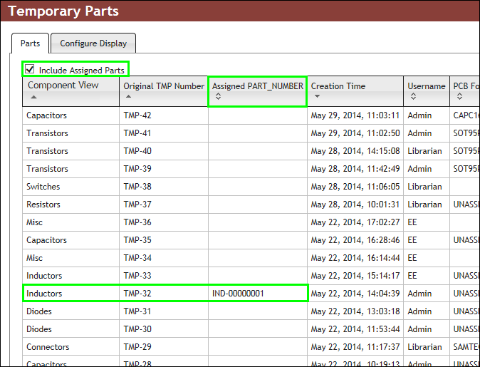 Checked Include Assigned Parts - IND-00000001 (Formerly TMP-32) Shown