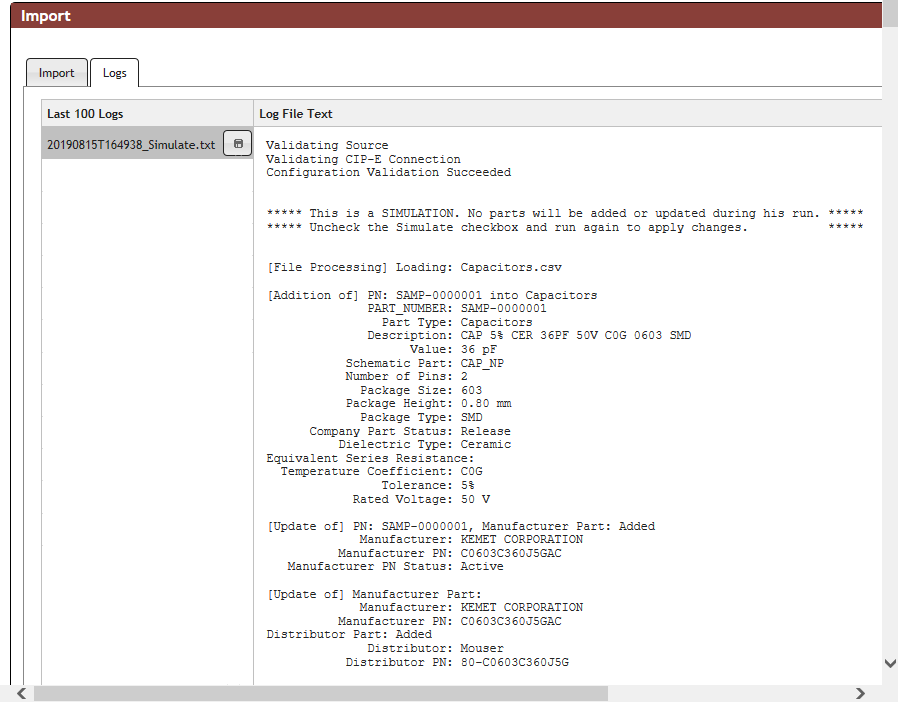 Results of the Simulate Import are reported in the Log file